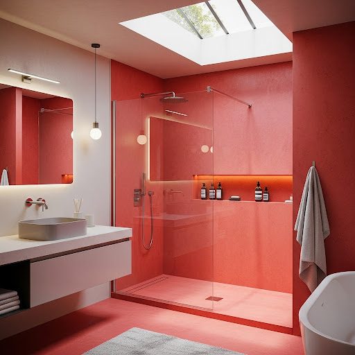 Baño moderno con paredes rosas, ducha de vidrio y lavabo elegante.