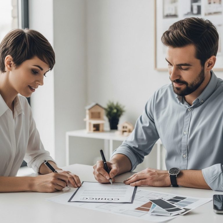 Dos personas se sientan en una mesa, firmando un acuerdo de servicio de reformas integrales