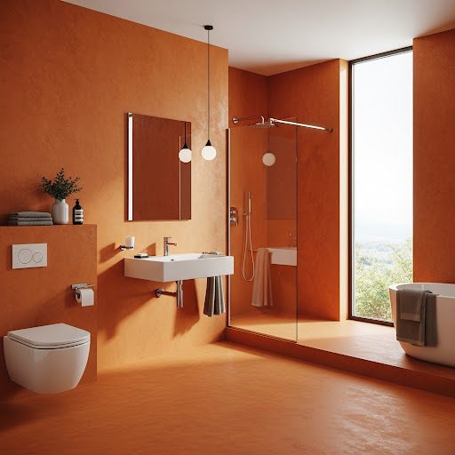 Baño moderno con paredes naranjas, ducha y ventana grande que muestra paisaje.