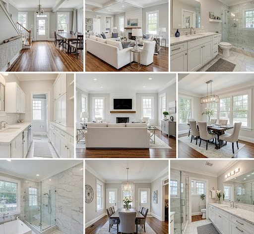 Interiores luminosos y modernos de una casa, con sala, cocina y comedor elegantes.
