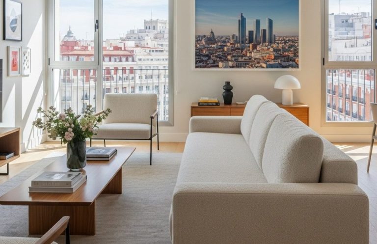 Apartamento luminoso con sofá blanco, mesa de café y vista urbanística de edificios.