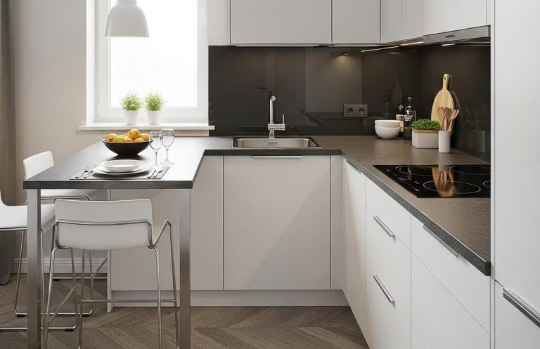 Cocina moderna con mobiliario blanco, encimera oscura y utensilios de cocina en el mostrador.