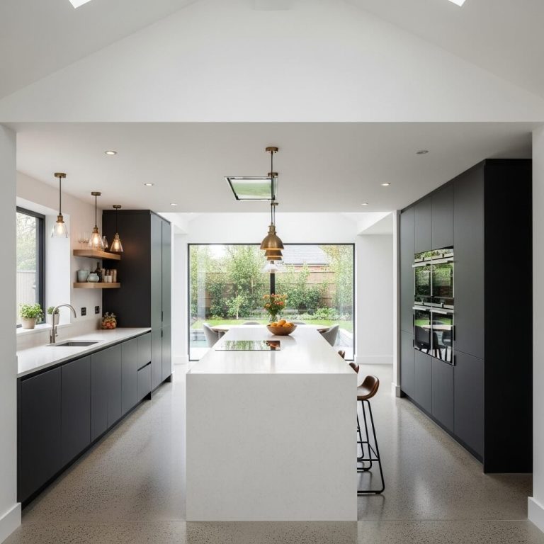 Cocina moderna con isla central, armarios negros y grandes ventanales al exterior.