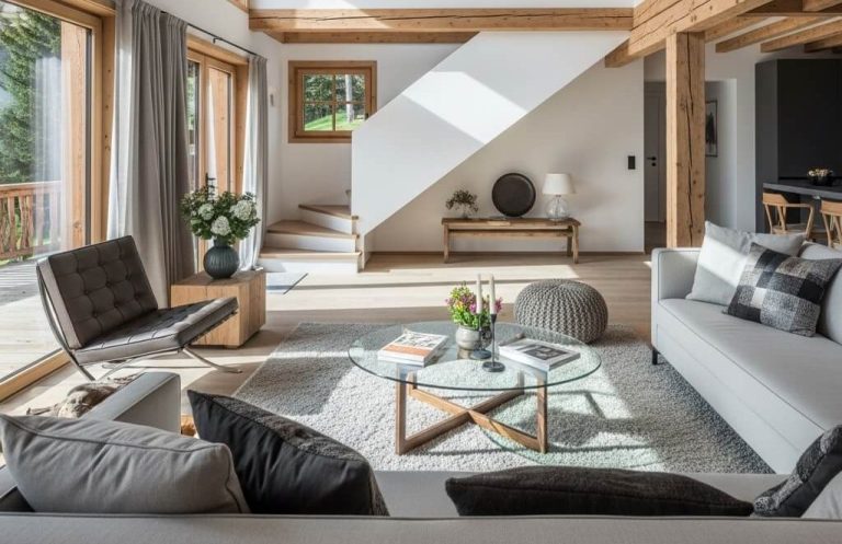 Sala de estar moderna con muebles elegantes, luz natural y decoración minimalista.